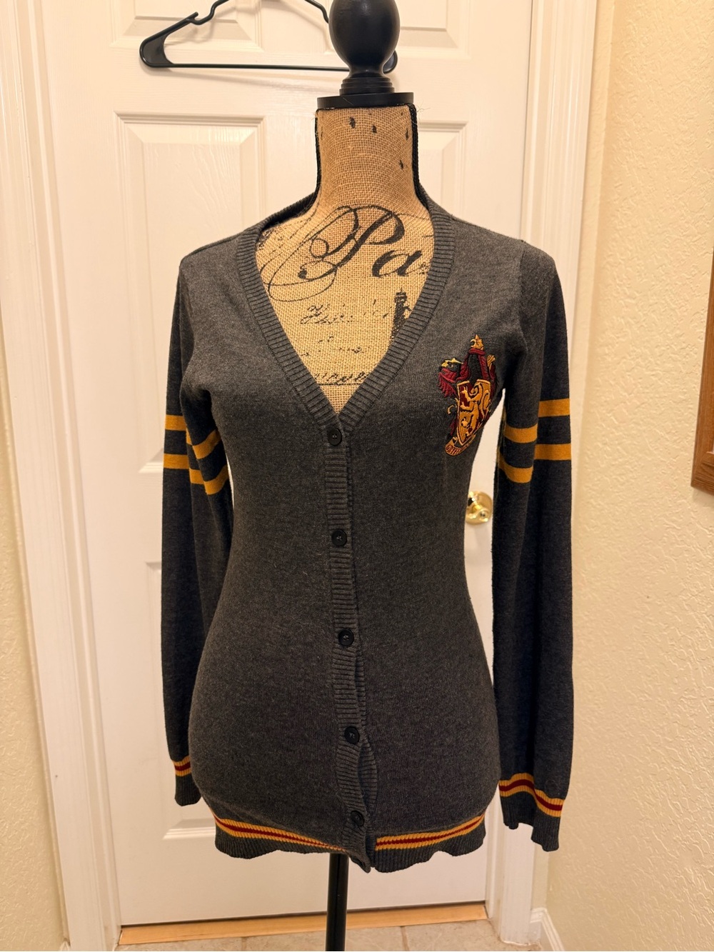 Warner Bros. Dark Gray Button Cardigan with Gold Stripe Accent